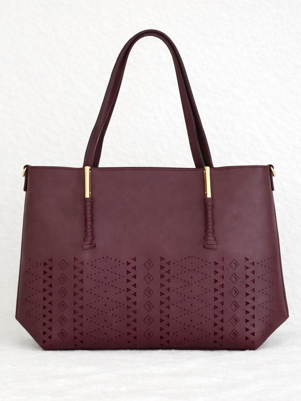 Burgundy Semi‑PU Tote Purse Structured Laser Cut Design Large Shoulder Bag